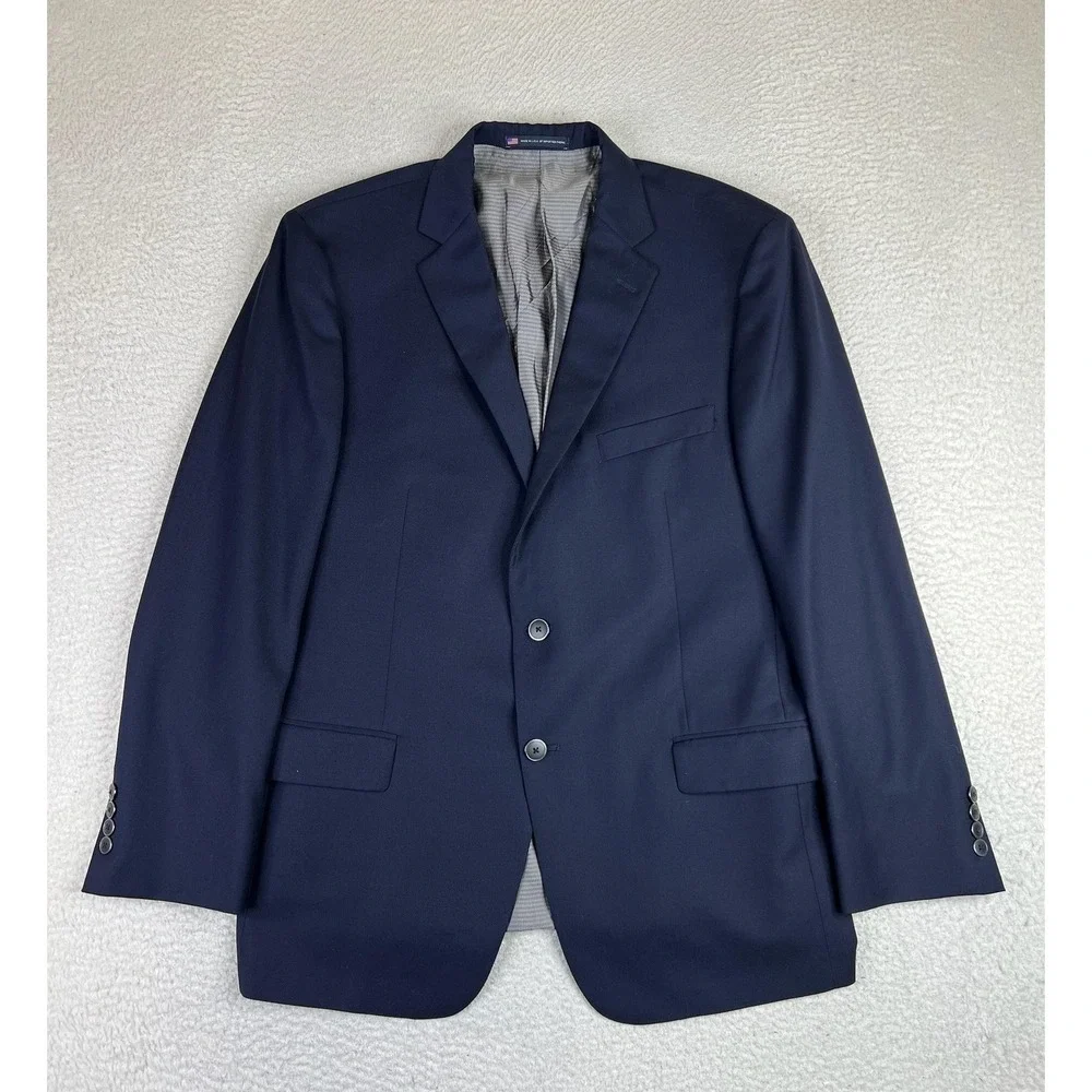 Hart Schaffner Marx Suit Jacket Mens 46R Navy Blue Wool 2 Button Union Made